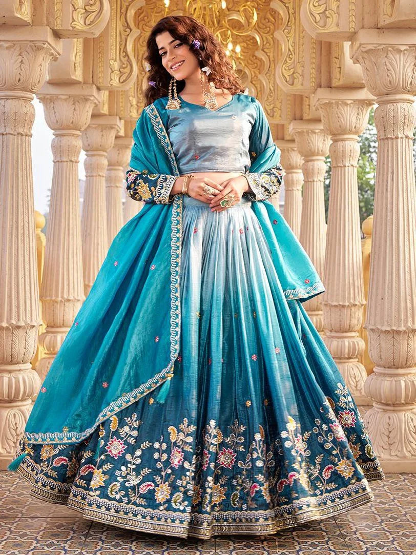 Stylish Teal Blue Thread Embroidery Crushed Event Wear Lehenga Choli