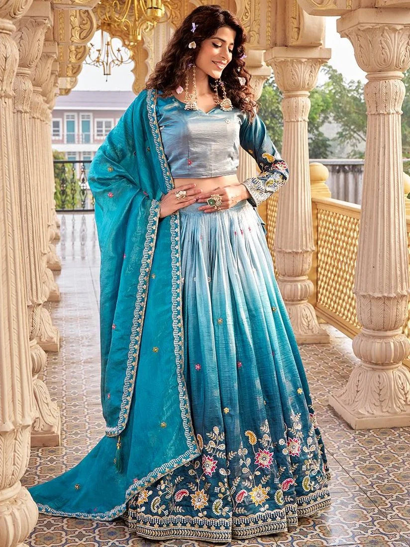 Stylish Teal Blue Thread Embroidery Crushed Event Wear Lehenga Choli