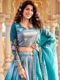 Stylish Teal Blue Thread Embroidery Crushed Event Wear Lehenga Choli