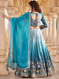 Stylish Teal Blue Thread Embroidery Crushed Event Wear Lehenga Choli