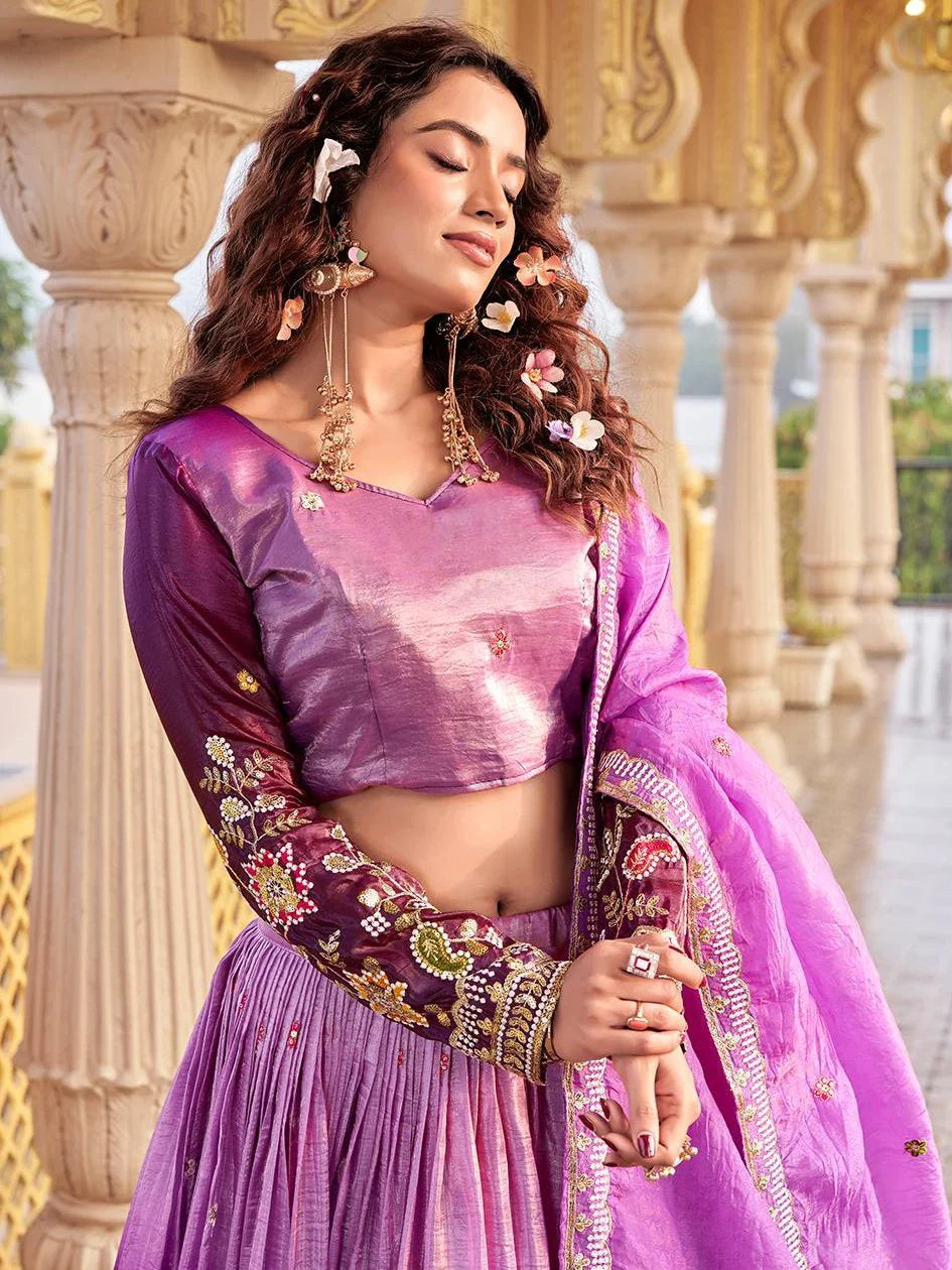 Beautiful Purple Sequins Crushed Wedding Wear Lehenga Choli With Dupatta