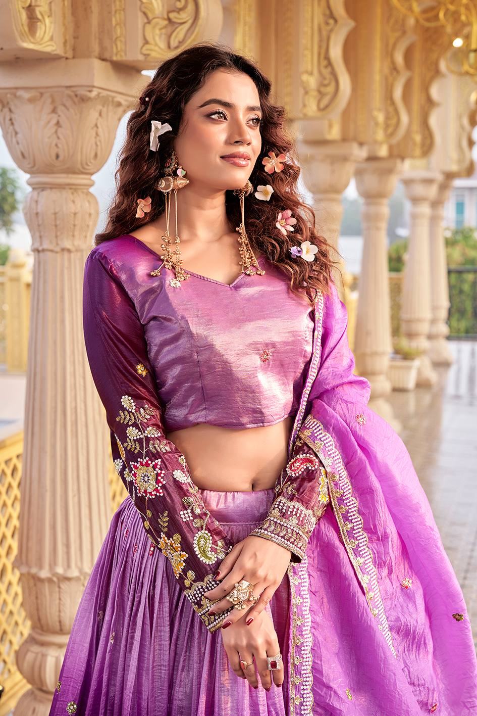 Beautiful Purple Sequins Crushed Wedding Wear Lehenga Choli With Dupatta