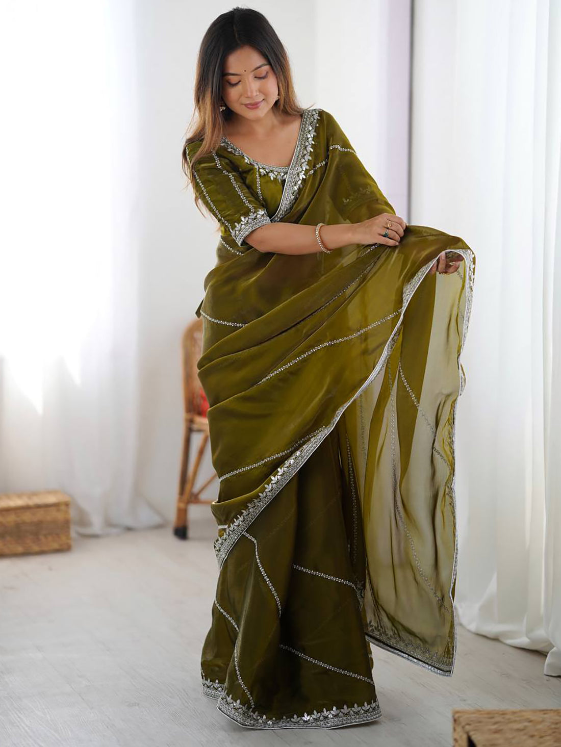 Incredible Olive Green Sequins Silk Mehendi Wear Saree With Blouse