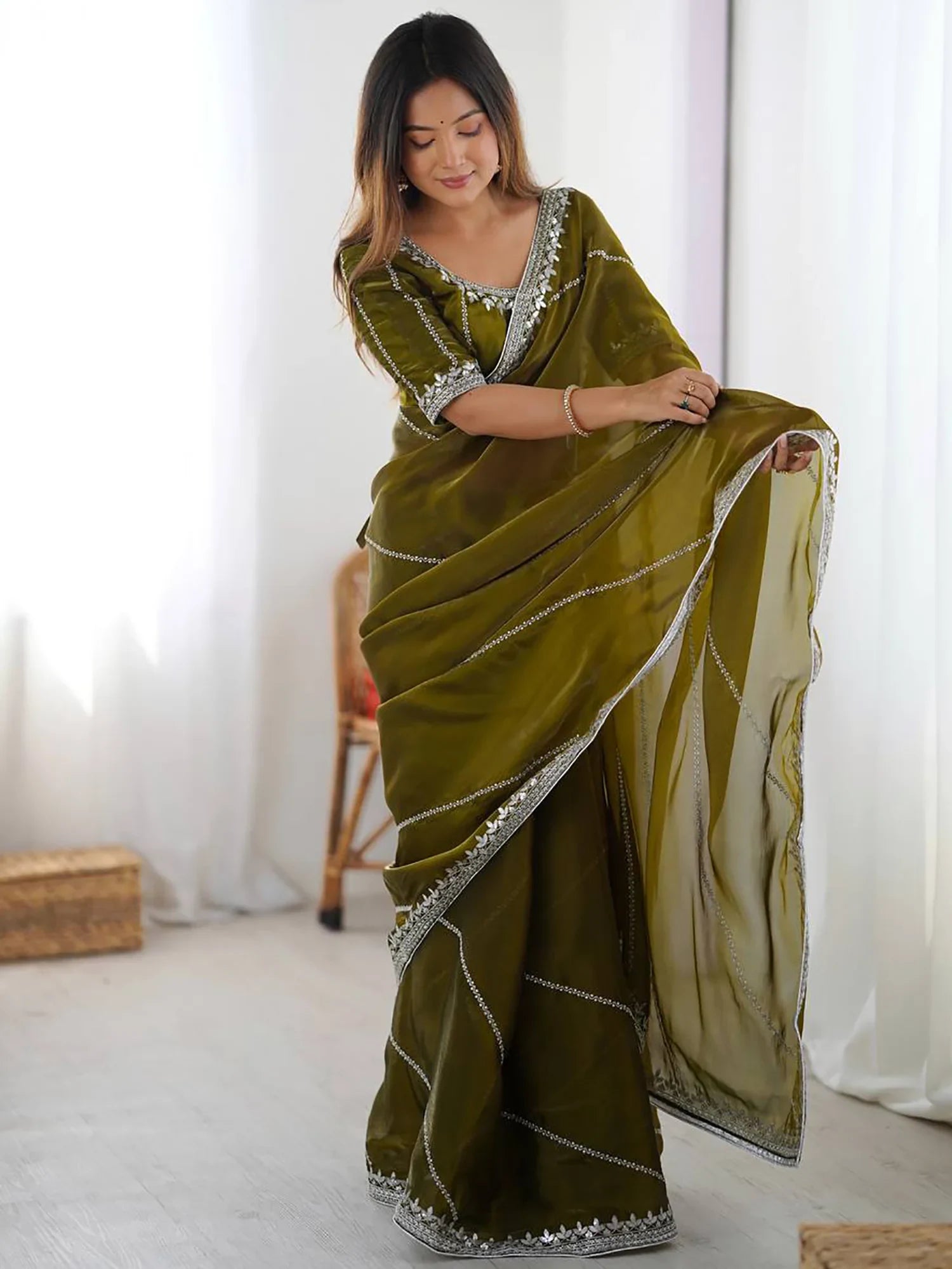 Incredible Olive Green Sequins Silk Mehendi Wear Saree With Blouse