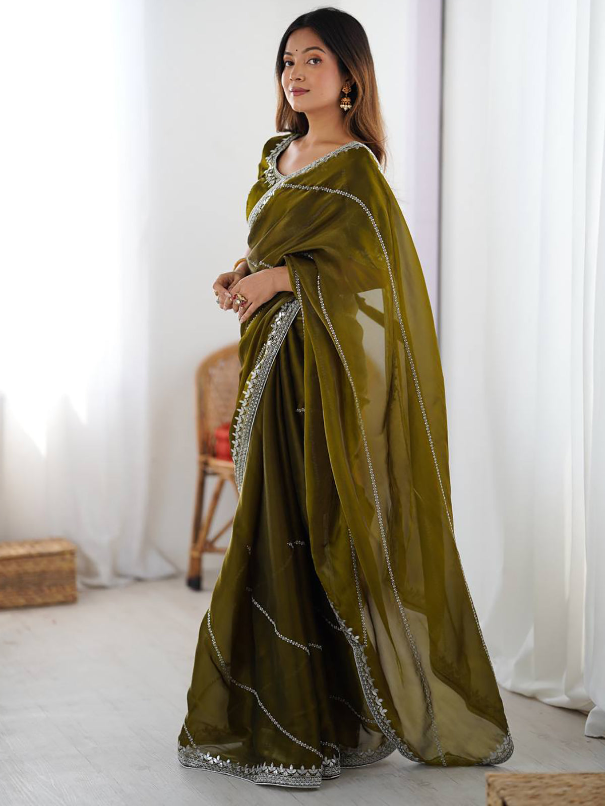 Incredible Olive Green Sequins Silk Mehendi Wear Saree With Blouse