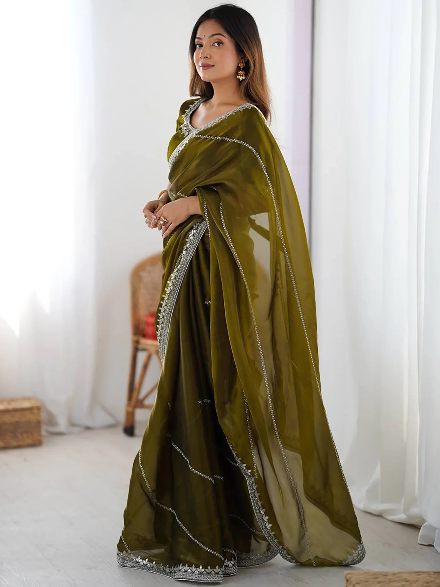 Incredible Olive Green Sequins Silk Mehendi Wear Saree With Blouse