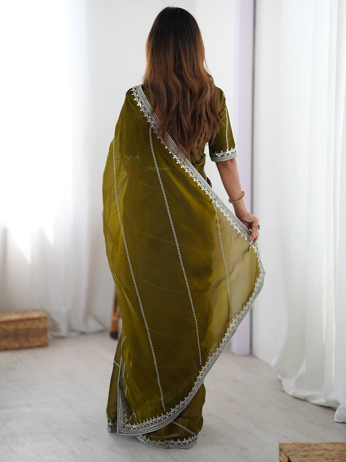 Incredible Olive Green Sequins Silk Mehendi Wear Saree With Blouse
