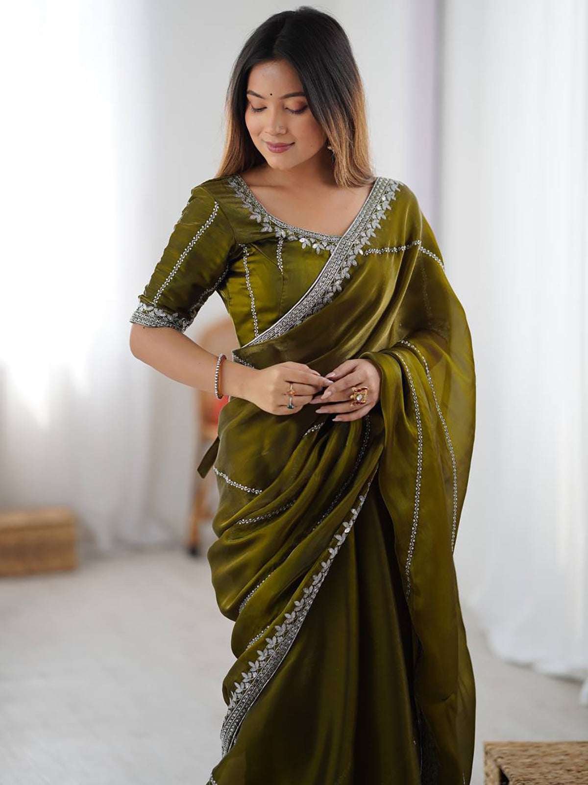 Incredible Olive Green Sequins Silk Mehendi Wear Saree With Blouse