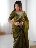 Incredible Olive Green Sequins Silk Mehendi Wear Saree With Blouse