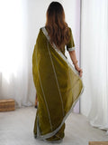 Incredible Olive Green Sequins Silk Mehendi Wear Saree With Blouse