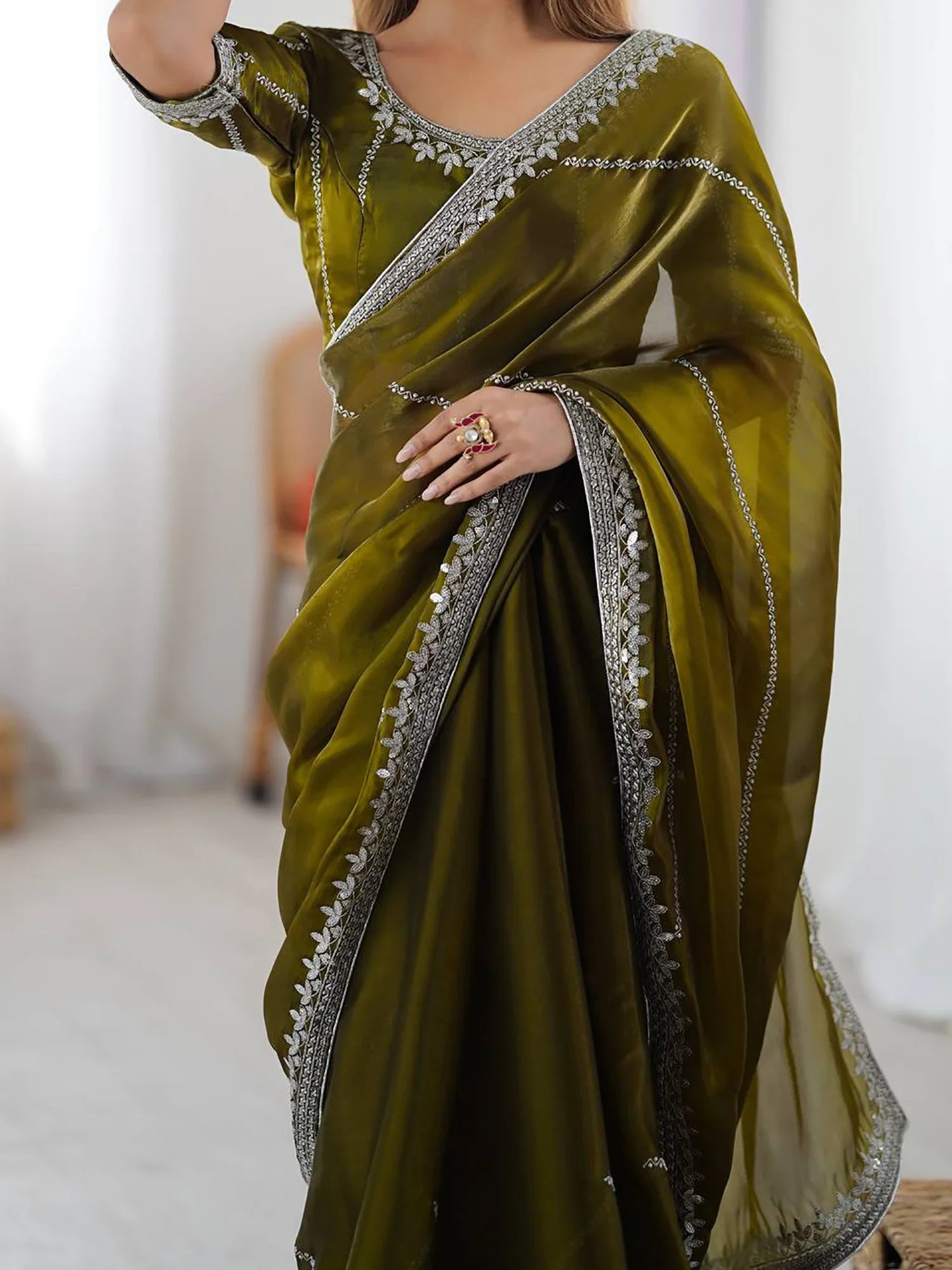 Incredible Olive Green Sequins Silk Mehendi Wear Saree With Blouse