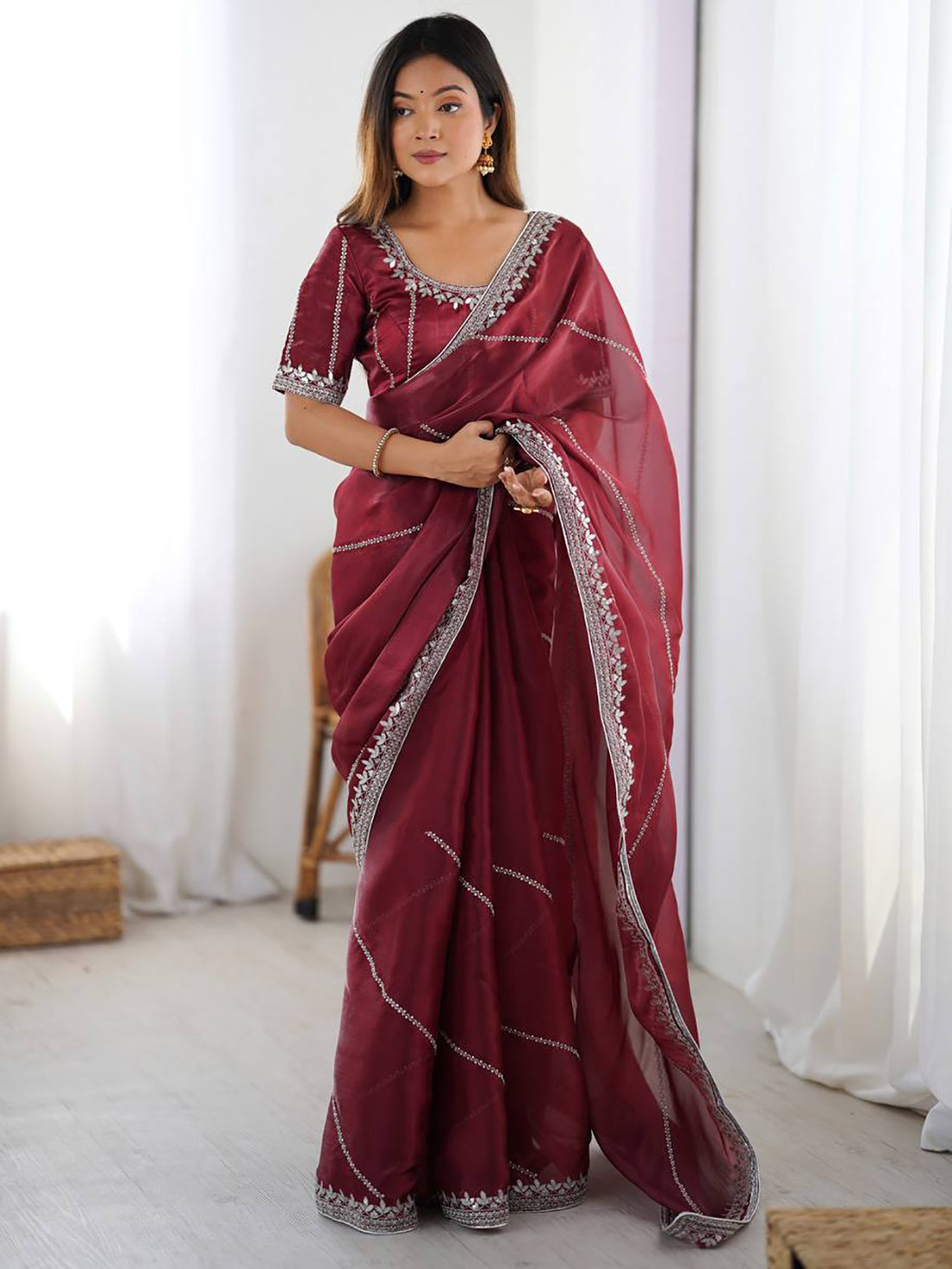 Precious Maroon Sequins Silk Reception Wear Saree With Blouse