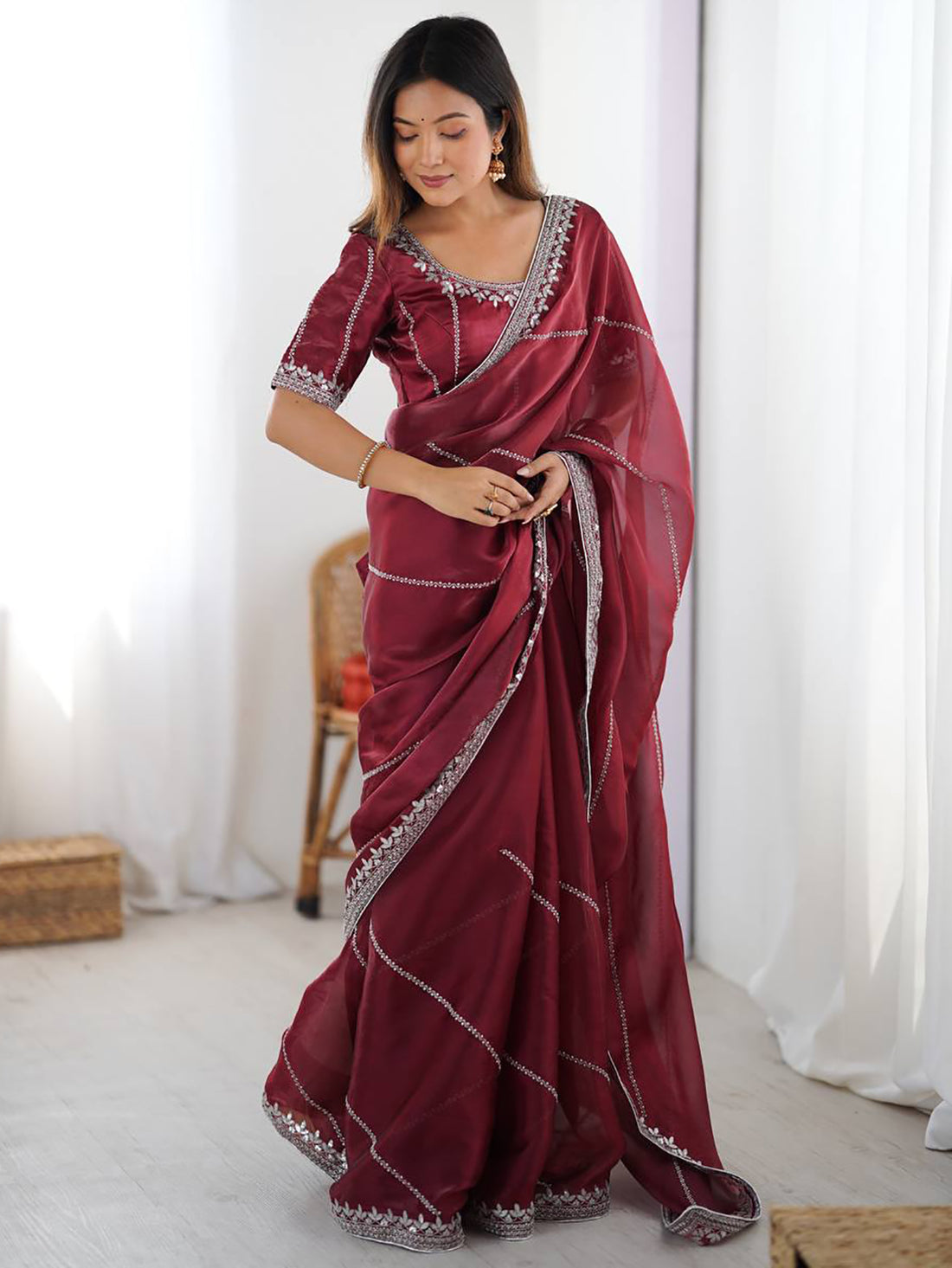 Precious Maroon Sequins Silk Reception Wear Saree With Blouse