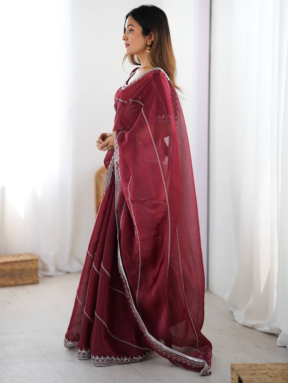 Precious Maroon Sequins Silk Reception Wear Saree With Blouse