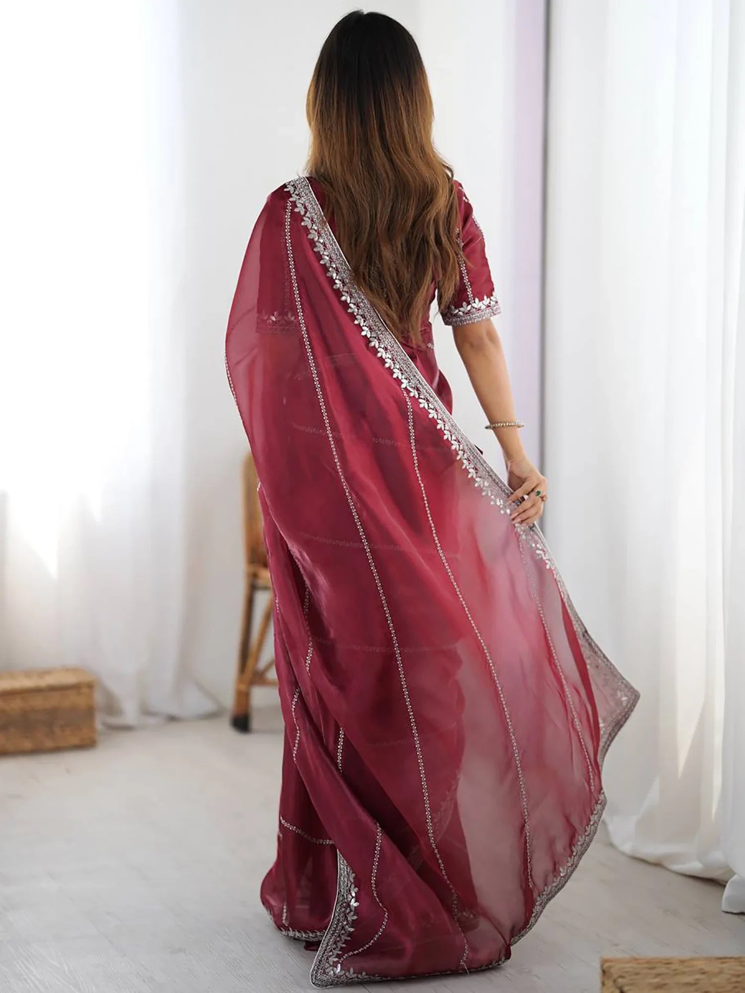 Precious Maroon Sequins Silk Reception Wear Saree With Blouse