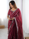 Precious Maroon Sequins Silk Reception Wear Saree With Blouse