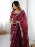 Precious Maroon Sequins Silk Reception Wear Saree With Blouse