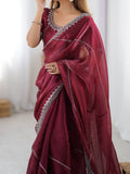 Precious Maroon Sequins Silk Reception Wear Saree With Blouse