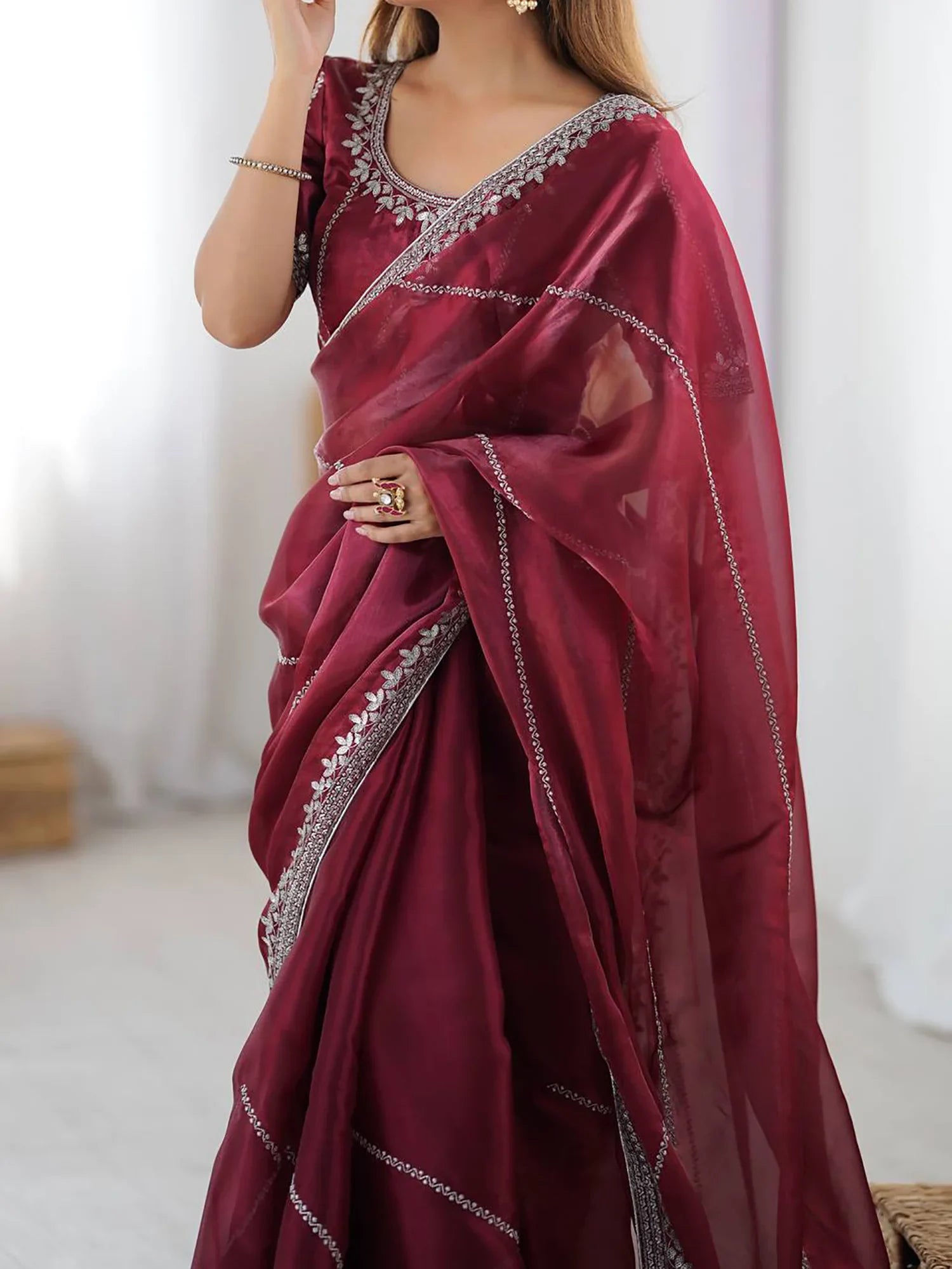Precious Maroon Sequins Silk Reception Wear Saree With Blouse