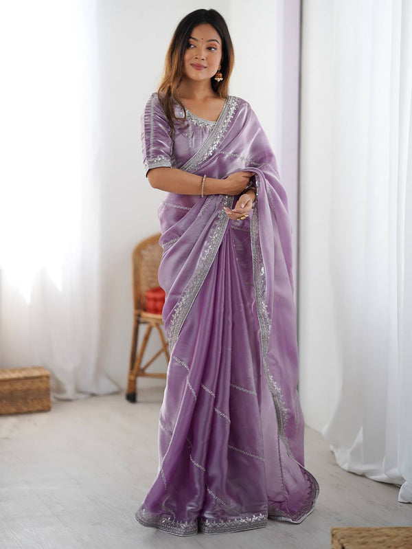 Gorgeous Lavender Sequins Silk Engagement Wear Saree With Blouse