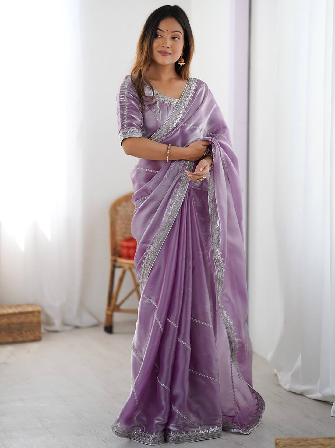 Gorgeous Lavender Sequins Silk Engagement Wear Saree With Blouse