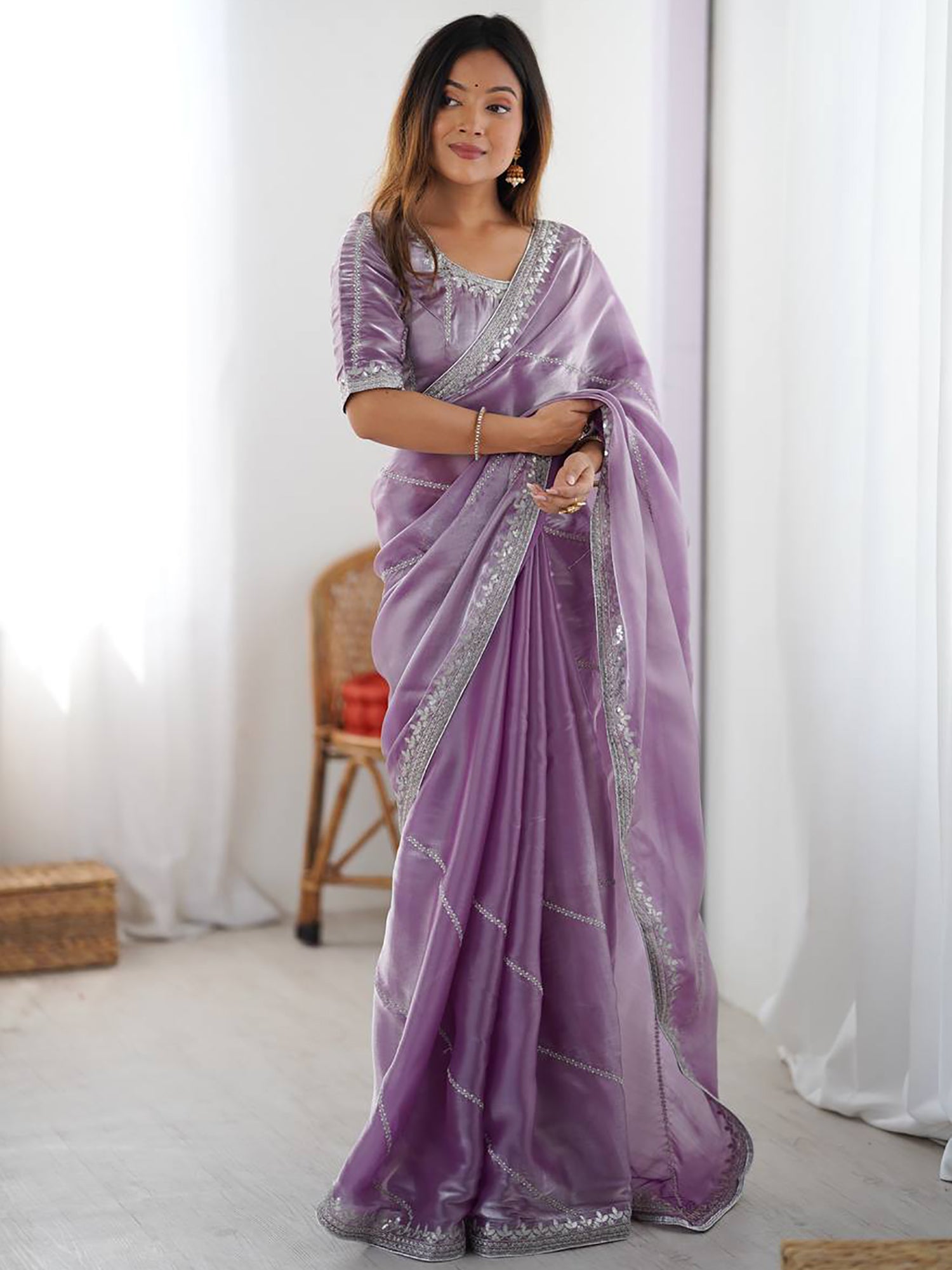 Gorgeous Lavender Sequins Silk Engagement Wear Saree With Blouse