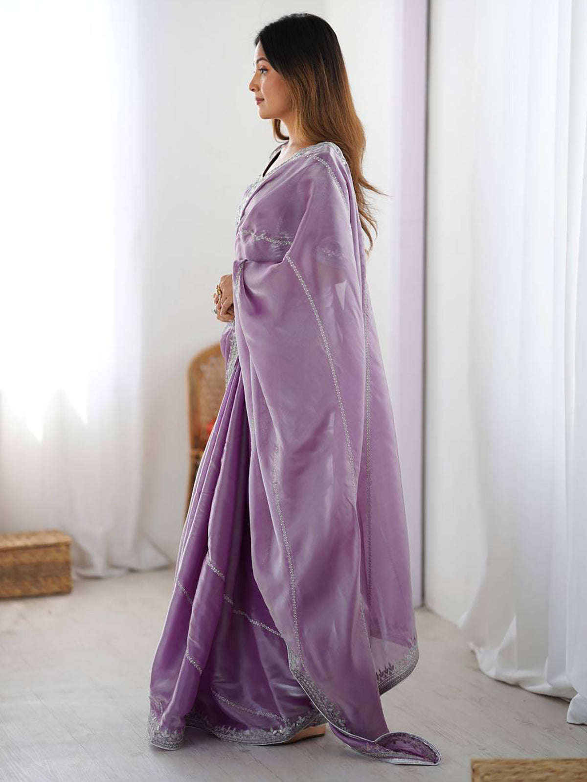 Gorgeous Lavender Sequins Silk Engagement Wear Saree With Blouse