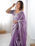 Gorgeous Lavender Sequins Silk Engagement Wear Saree With Blouse
