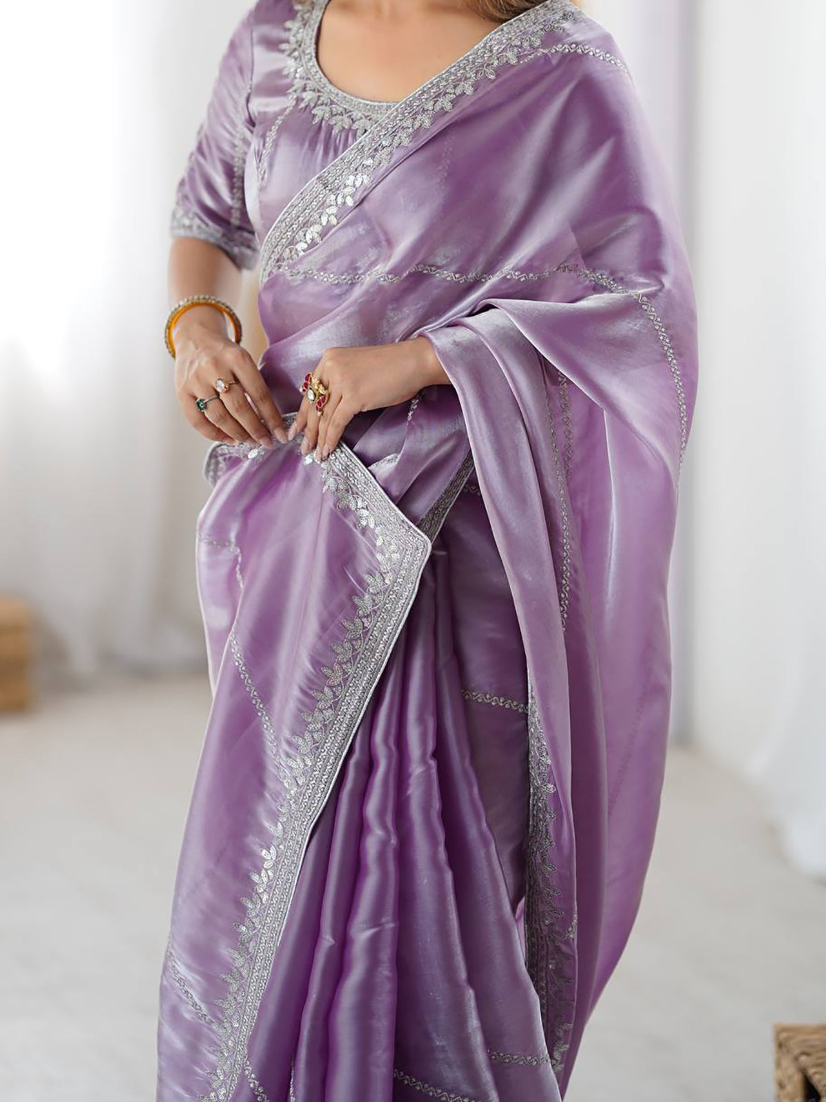 Gorgeous Lavender Sequins Silk Engagement Wear Saree With Blouse