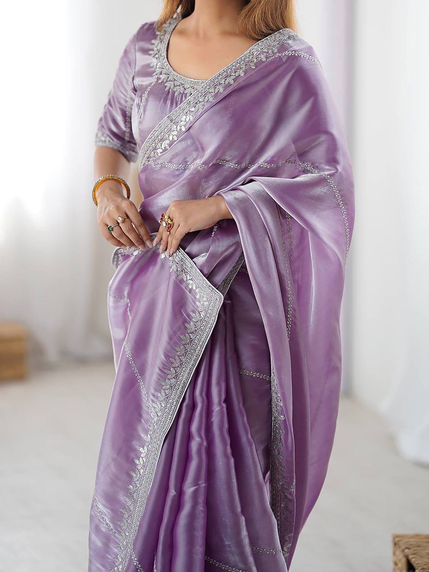 Gorgeous Lavender Sequins Silk Engagement Wear Saree With Blouse