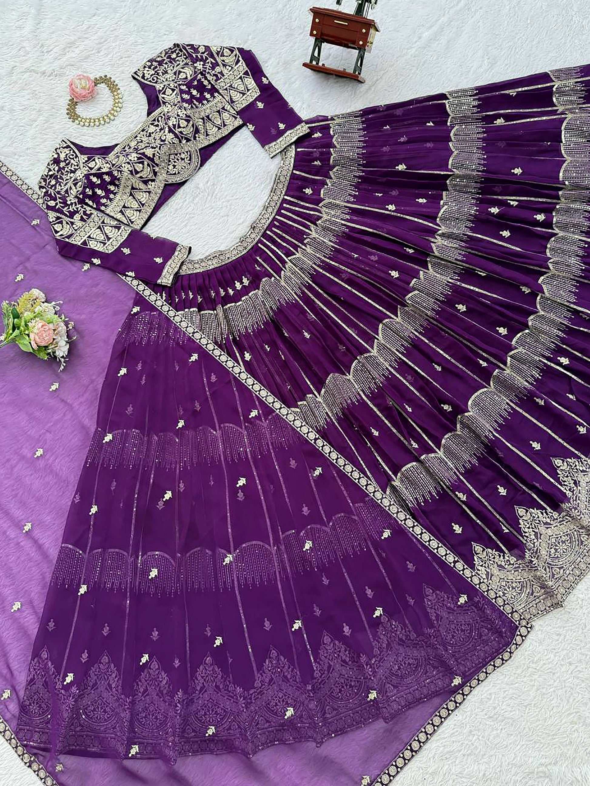 Wonderful Purple Thread Work Georgette Wedding Lehenga Choli