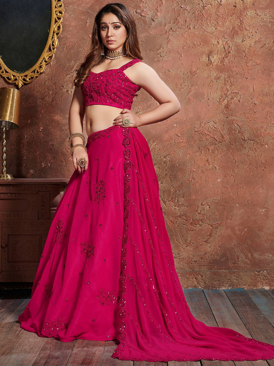 Pink Sequins Work Georgette Wedding Wear Lehenga Choli - Zeel Clothing
