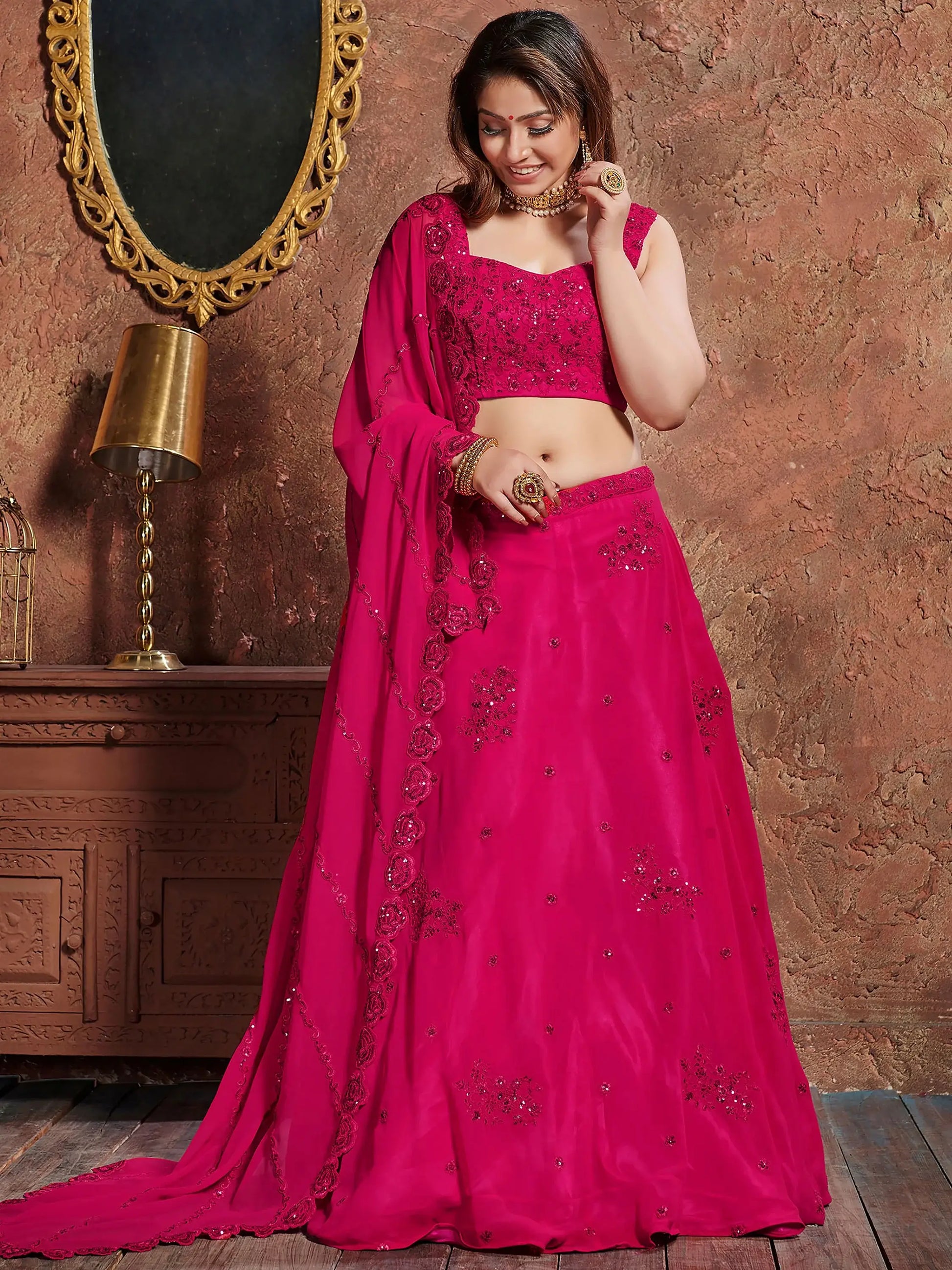 Pink Sequins Work Georgette Wedding Wear Lehenga Choli - Zeel Clothing