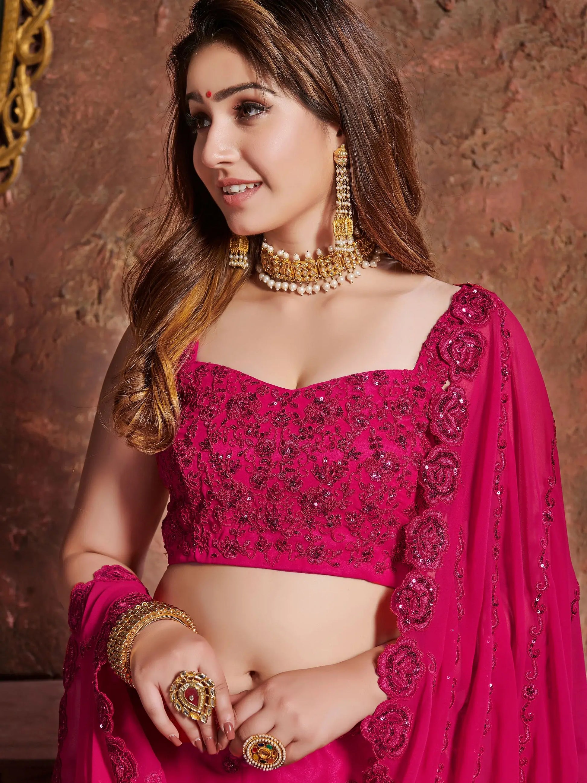 Pink Sequins Work Georgette Wedding Wear Lehenga Choli - Zeel Clothing
