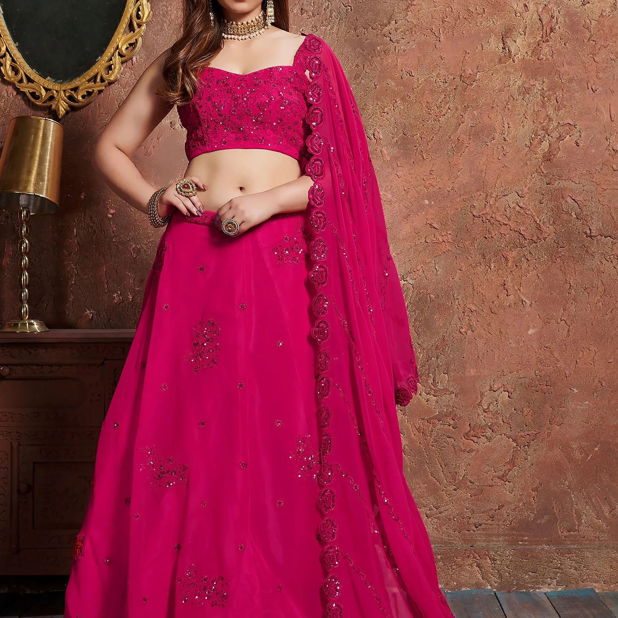 Pink Sequins Work Georgette Wedding Wear Lehenga Choli - Zeel Clothing
