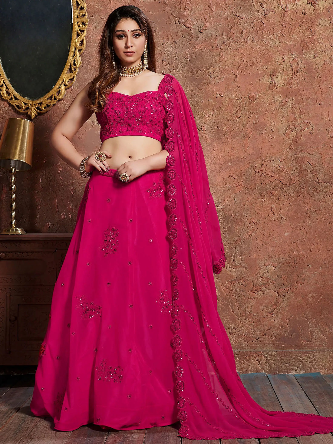 Pink Sequins Work Georgette Wedding Wear Lehenga Choli - Zeel Clothing