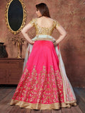 Pink embroidered lehenga with gold blouse and dupatta, traditional Indian party wear for women