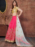 Pink and gold embroidered lehenga with sheer dupatta, traditional Indian women's festive wear