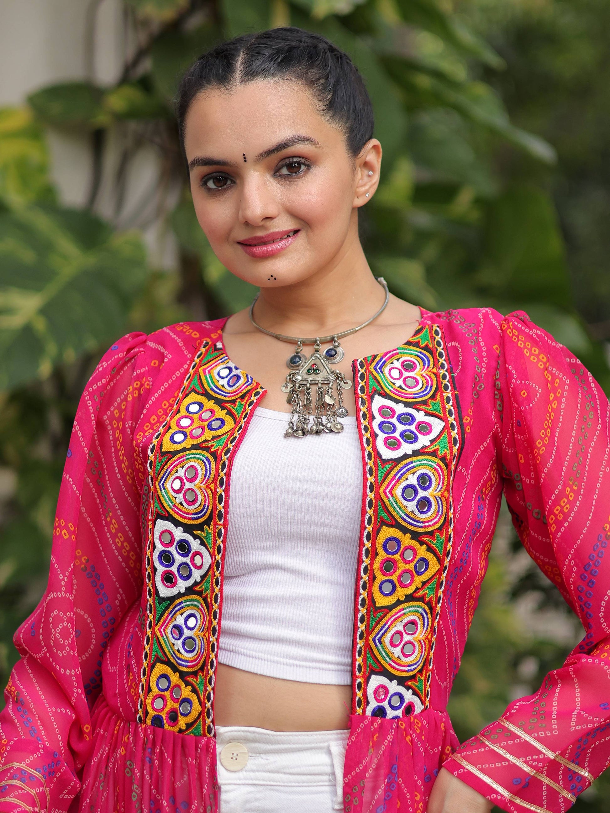 Dreamy Hot Pink Bandhani Printed Georgette Festive Special Shrug