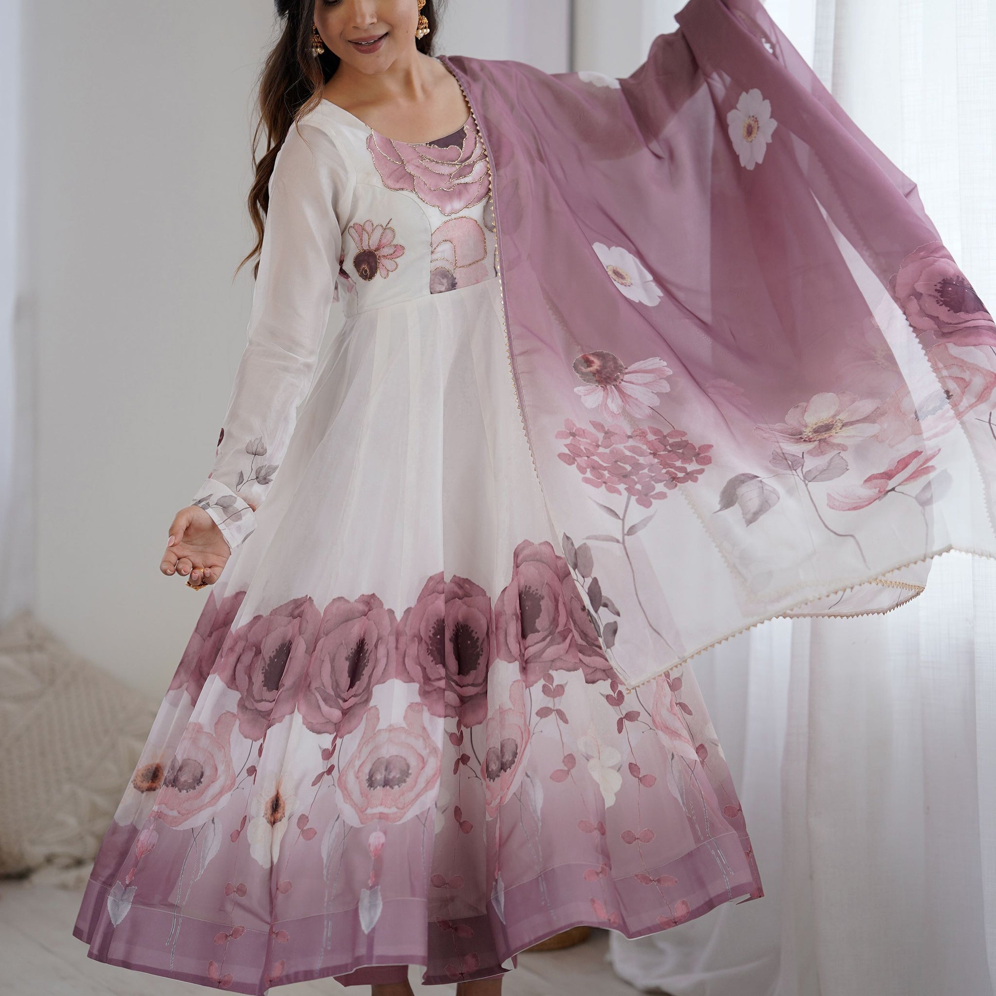 Classic Pink Floral Printed Organza Festive Wear Anarkali Suit With Dupatta