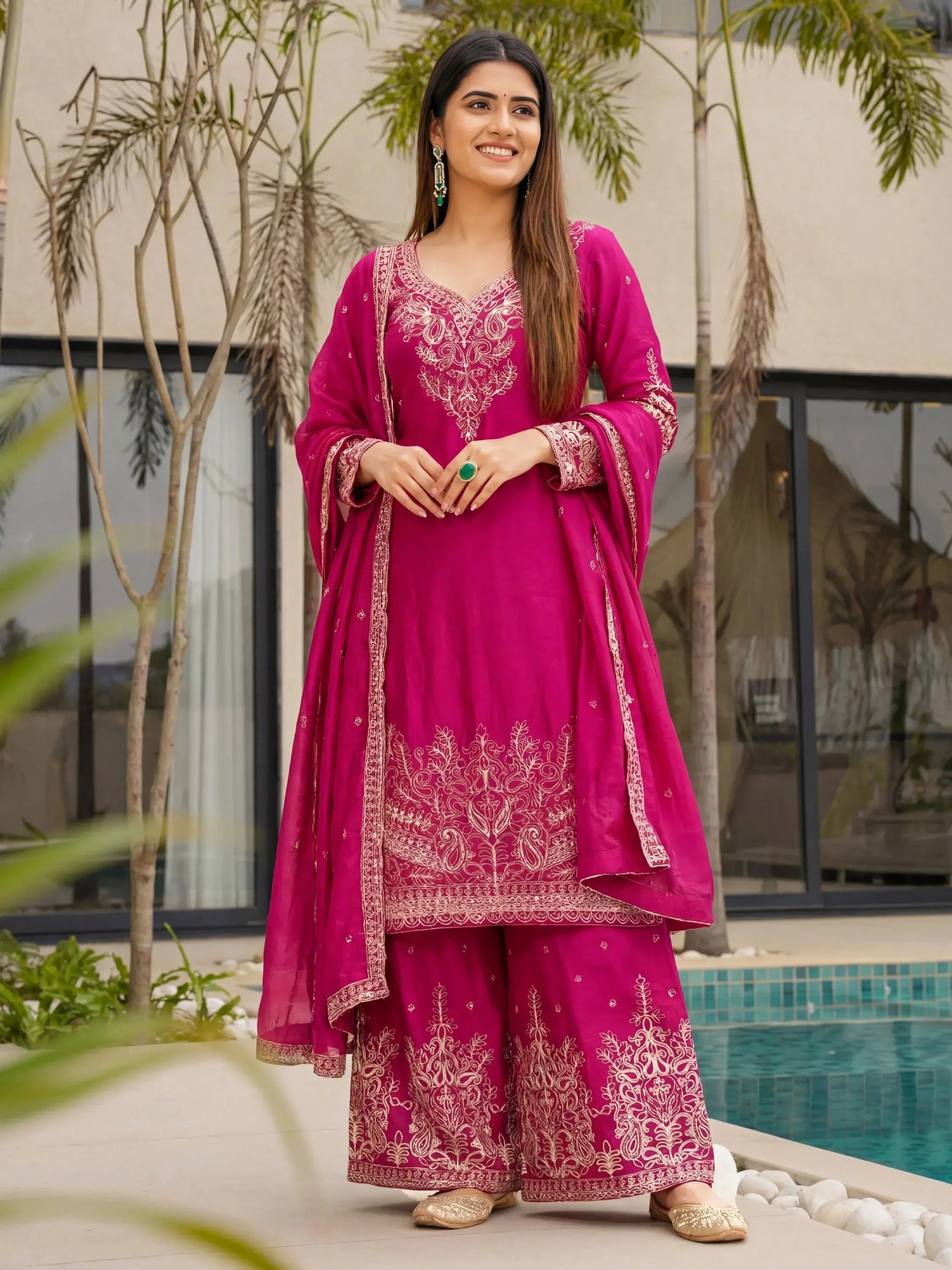 Wonderful Pink Zari Embroidered Chinon Engagement Wear Palazzo Suit