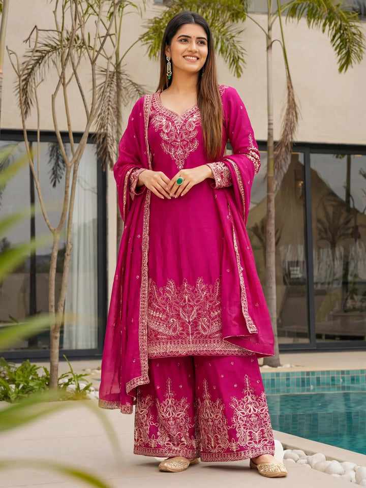 Wonderful Pink Zari Embroidered Chinon Engagement Wear Palazzo Suit