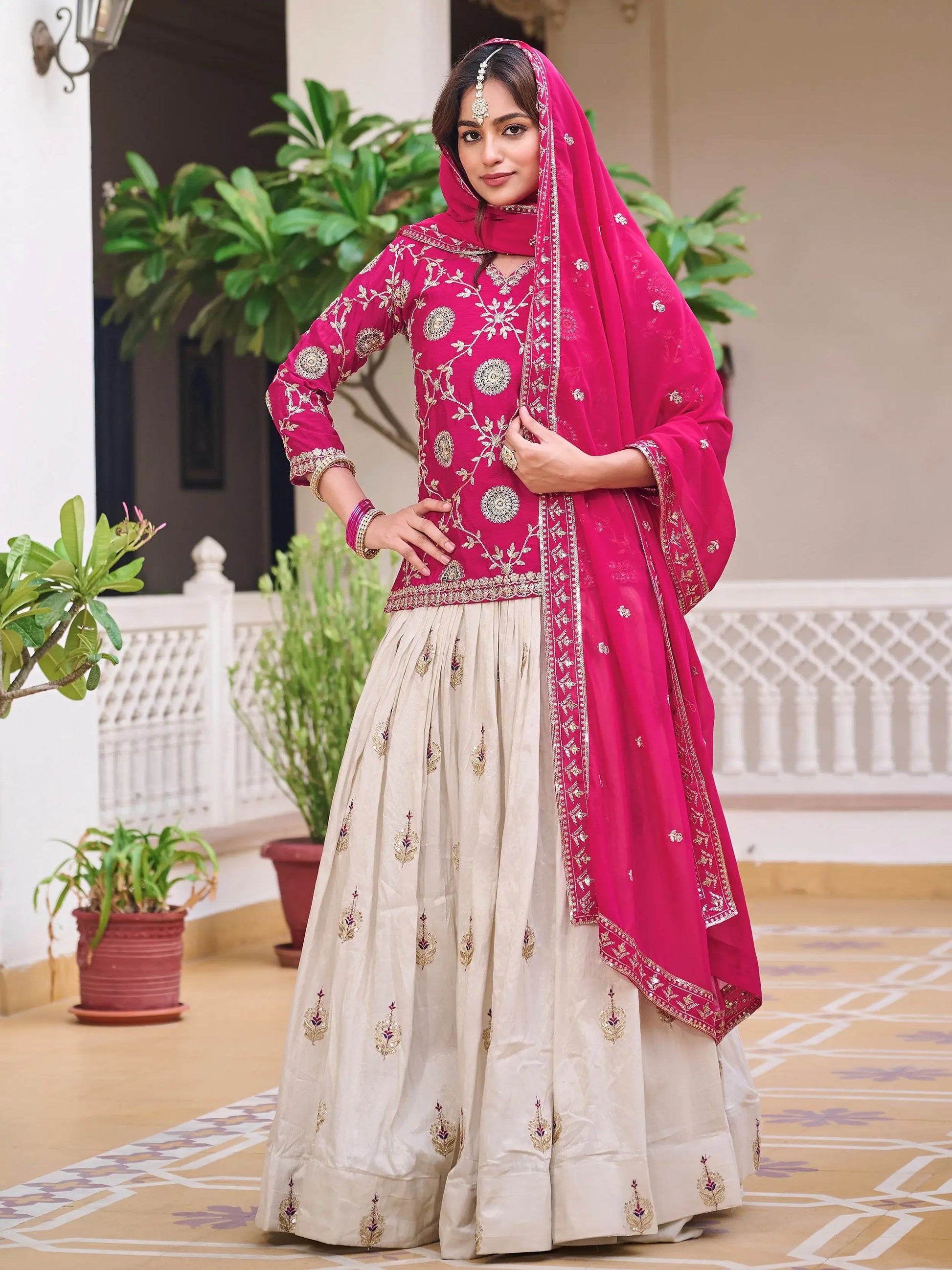 Astonishing Beige Coding Work Tissue Festive Wear Lehenga With Long Choli