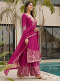 Wonderful Pink Zari Embroidered Chinon Engagement Wear Palazzo Suit