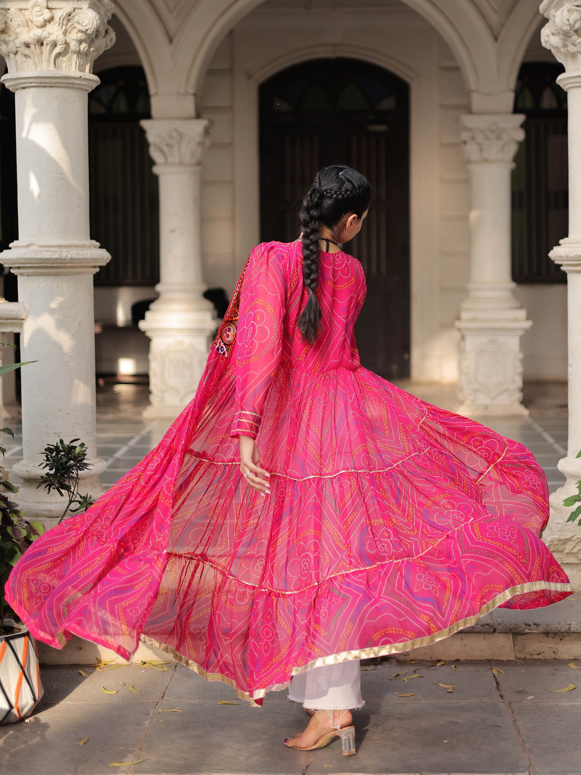 Dreamy Hot Pink Bandhani Printed Georgette Festive Special Shrug
