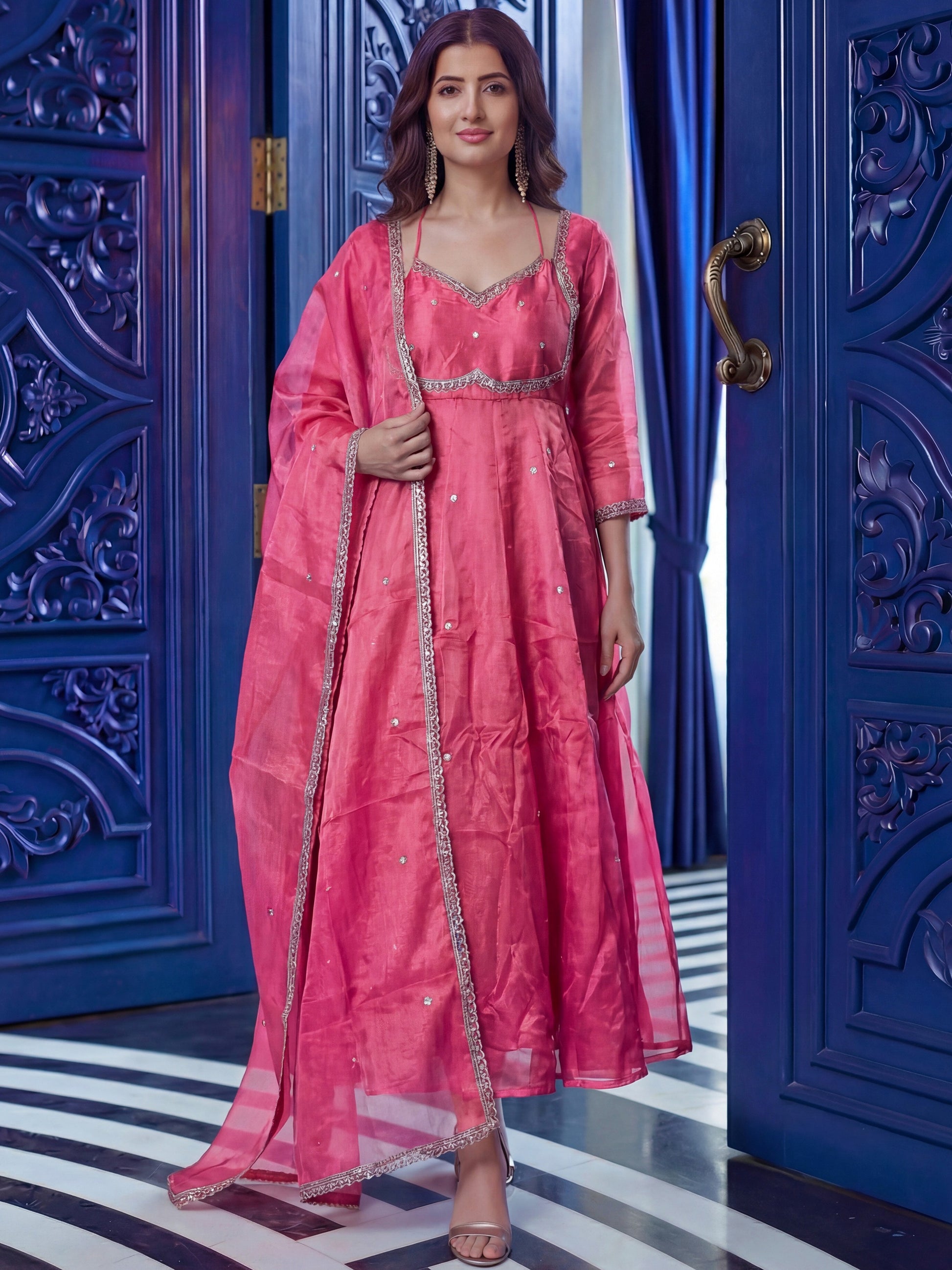 Graceful Pink Sequins Silk Traditional Anarkali Gown With Dupatta