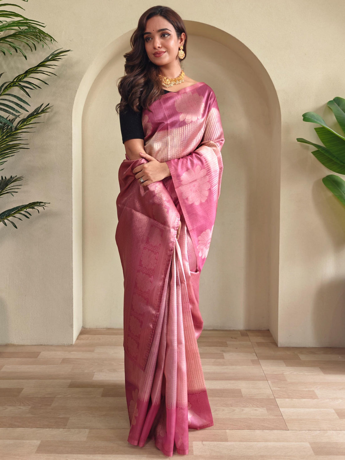 Fantastic Pink Zari Weaving Silk Traditional Saree With Blouse
