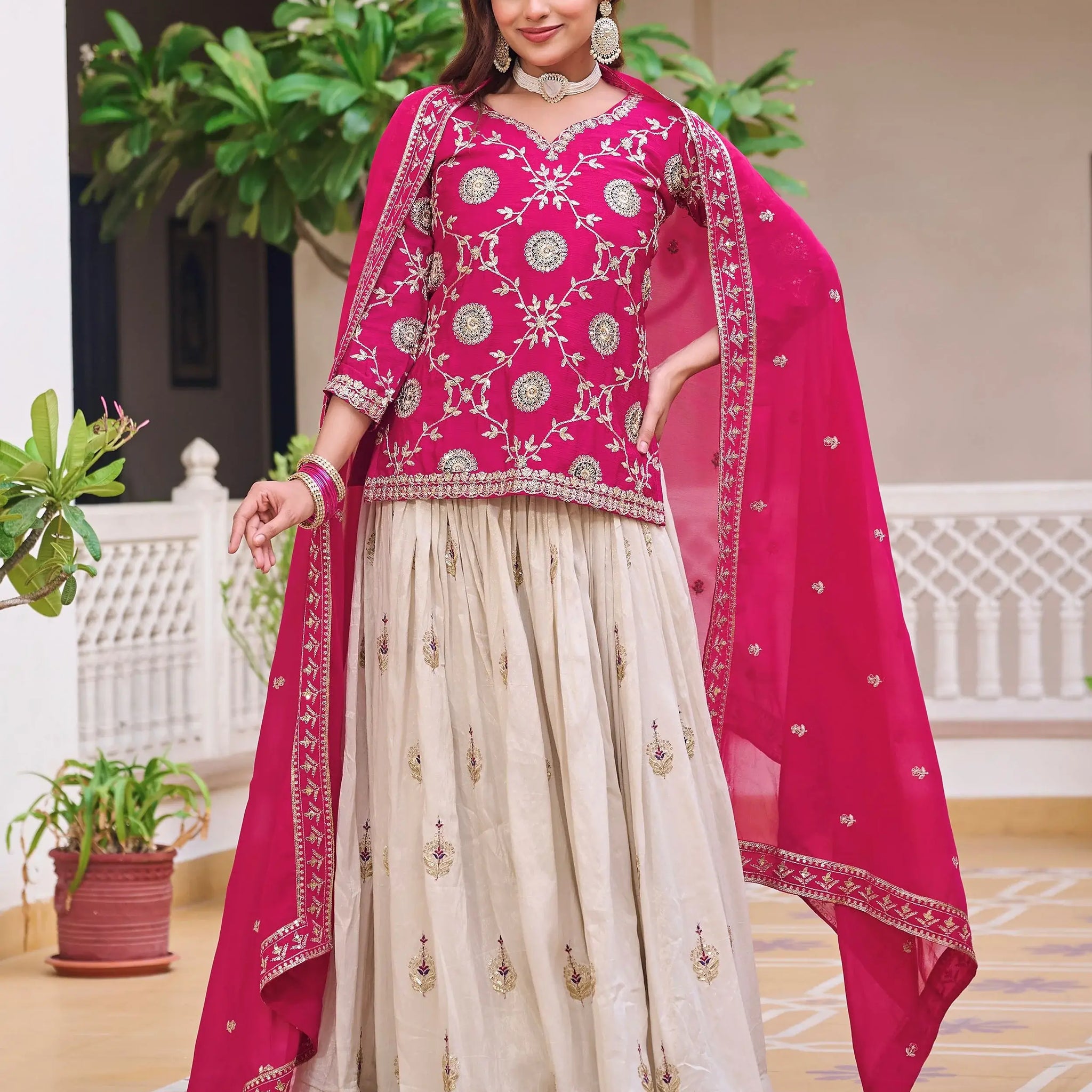 Astonishing Beige Coding Work Tissue Festive Wear Lehenga With Long Choli