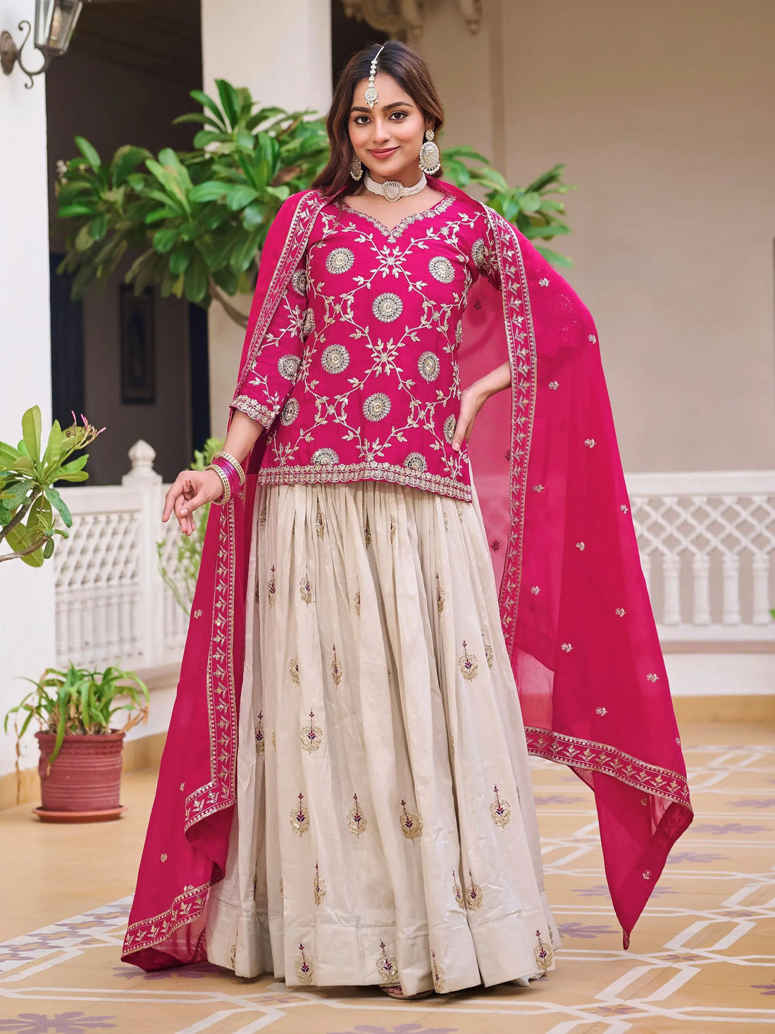 Astonishing Beige Coding Work Tissue Festive Wear Lehenga With Long Choli