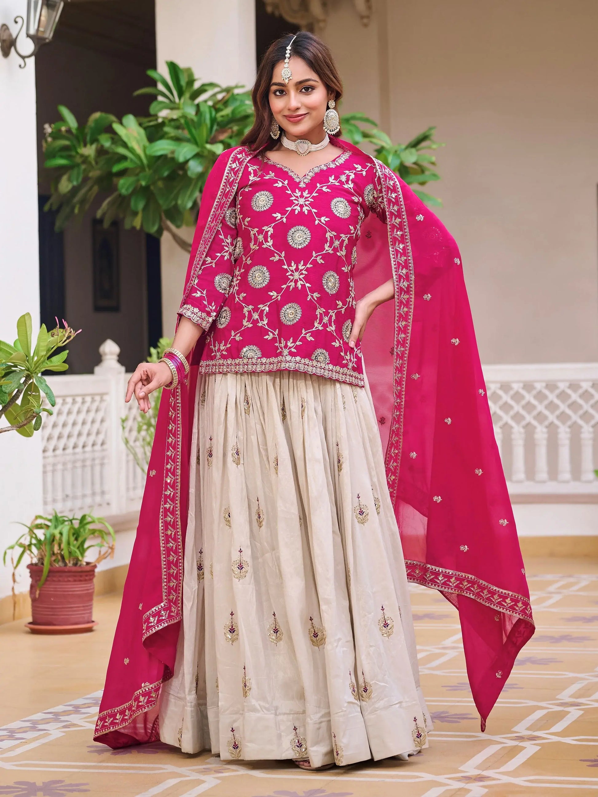 Astonishing Beige Coding Work Tissue Festive Wear Lehenga With Long Choli